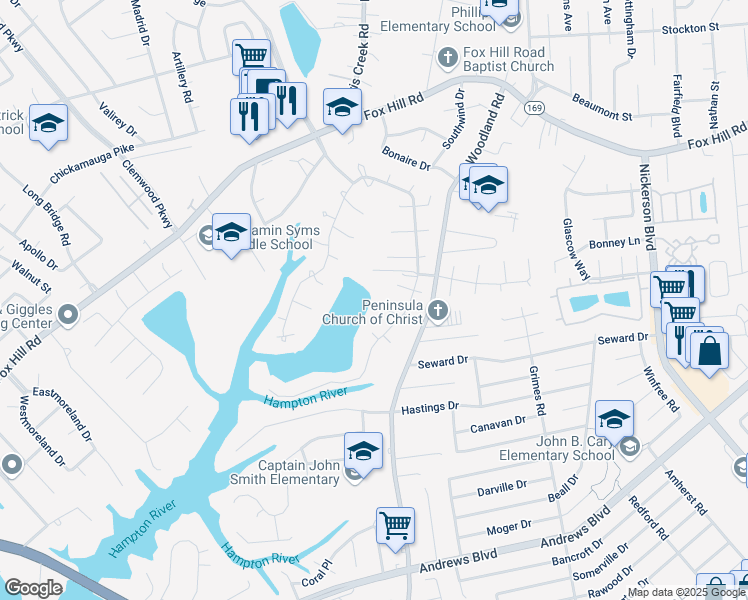map of restaurants, bars, coffee shops, grocery stores, and more near 347 Gunston Hall Court in Hampton