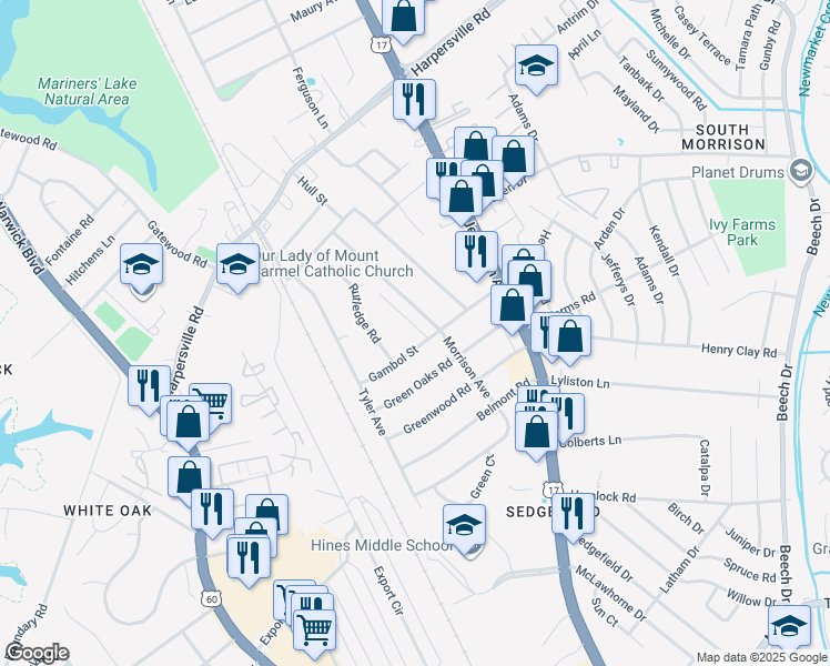 map of restaurants, bars, coffee shops, grocery stores, and more near 103 Pescara Ln in Newport News