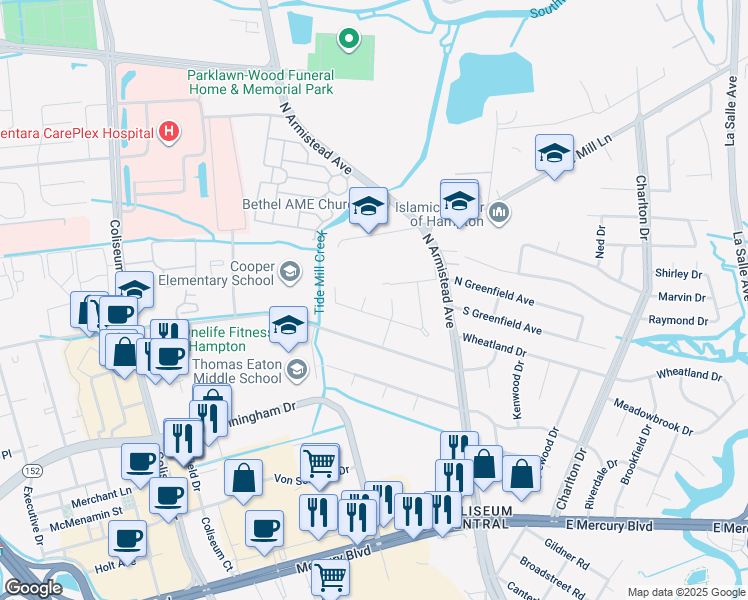 map of restaurants, bars, coffee shops, grocery stores, and more near 4 Ilex Court in Hampton