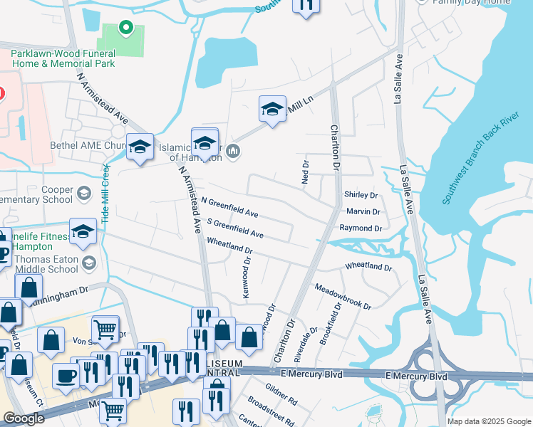 map of restaurants, bars, coffee shops, grocery stores, and more near 29 North Greenfield Avenue in Hampton
