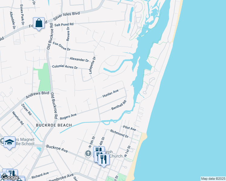 map of restaurants, bars, coffee shops, grocery stores, and more near 416 Hunlac Avenue in Hampton