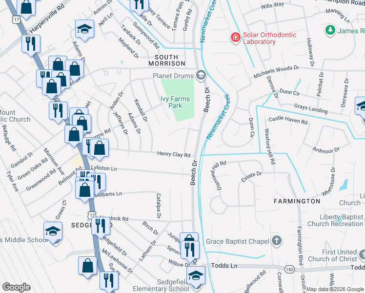 map of restaurants, bars, coffee shops, grocery stores, and more near 547 Almond Drive in Newport News