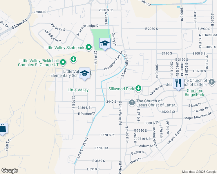 map of restaurants, bars, coffee shops, grocery stores, and more near 2451 East Lagrasse Circle in St. George