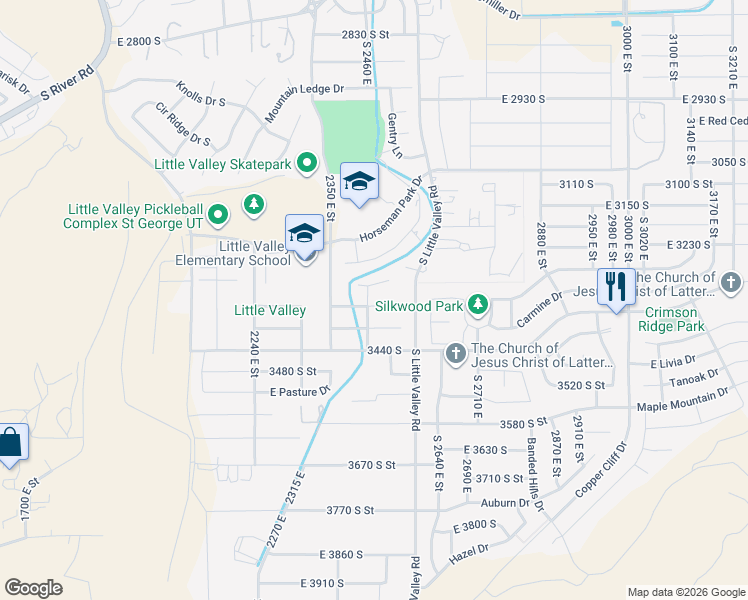 map of restaurants, bars, coffee shops, grocery stores, and more near 2451 East Lagrasse Circle in St. George