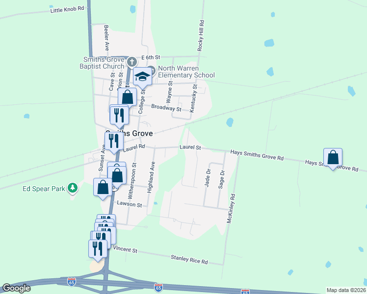 map of restaurants, bars, coffee shops, grocery stores, and more near 343-399 Laurel Street in Smiths Grove