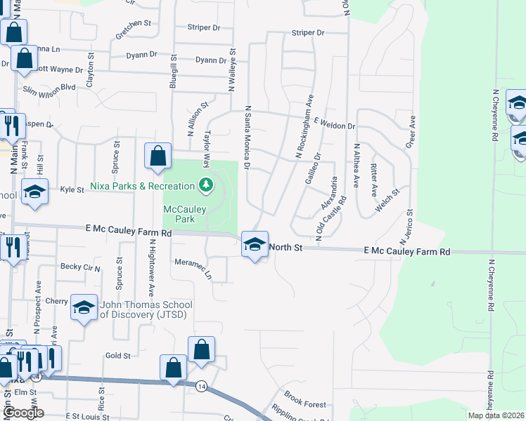 map of restaurants, bars, coffee shops, grocery stores, and more near Twin Maple Ct in Nixa