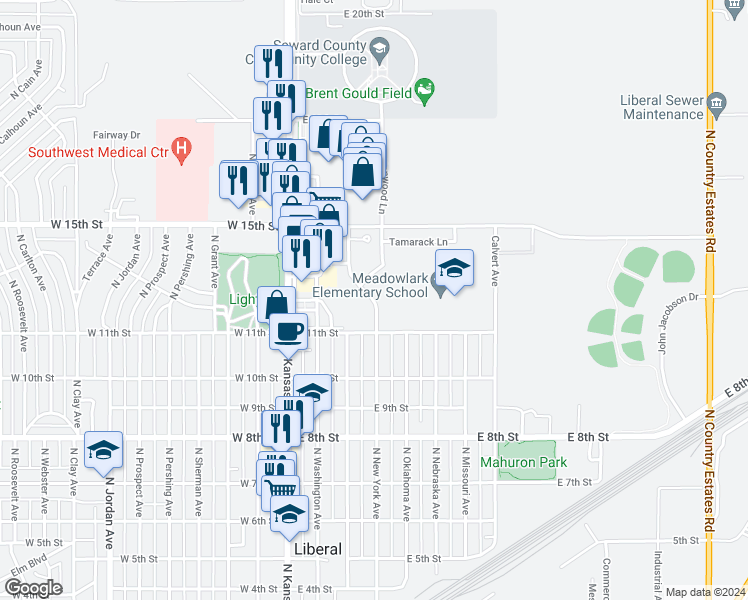 map of restaurants, bars, coffee shops, grocery stores, and more near 1401 North New York Avenue in Liberal