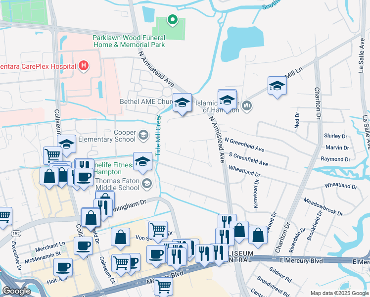 map of restaurants, bars, coffee shops, grocery stores, and more near 4 Ilex Court in Hampton