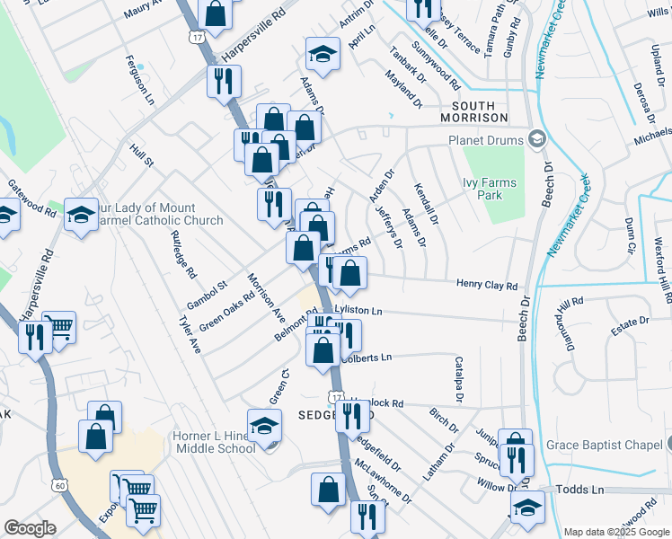 map of restaurants, bars, coffee shops, grocery stores, and more near 108 Henry Clay Road in Newport News