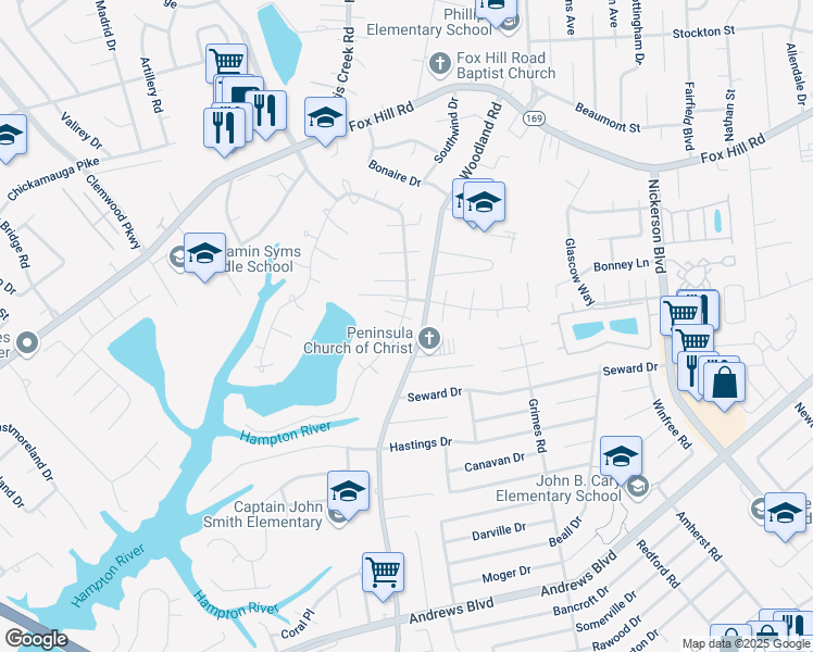 map of restaurants, bars, coffee shops, grocery stores, and more near 358 Eppington Circle in Hampton