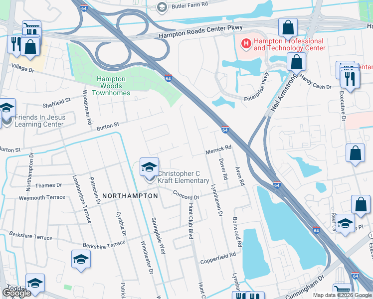 map of restaurants, bars, coffee shops, grocery stores, and more near 306 Bromsgrove Drive in Hampton