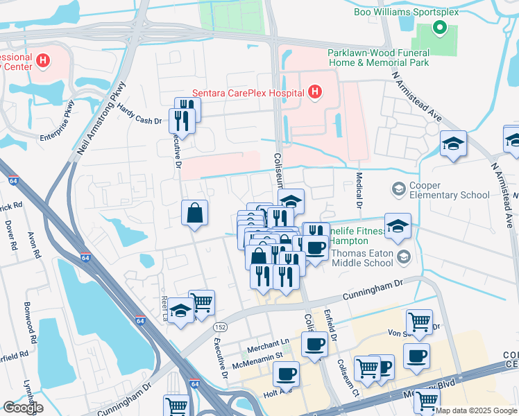 map of restaurants, bars, coffee shops, grocery stores, and more near 606 Wyndham Drive in Hampton