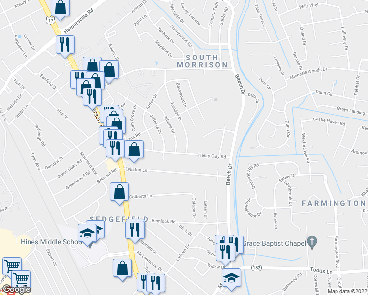 map of restaurants, bars, coffee shops, grocery stores, and more near 103 Kendall Drive in Newport News