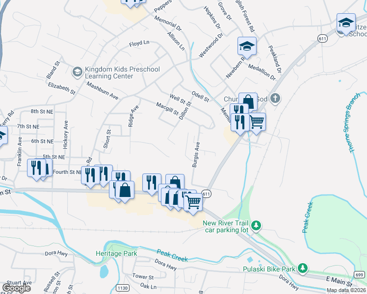 map of restaurants, bars, coffee shops, grocery stores, and more near 30 Deerfield Drive in Pulaski