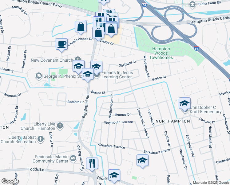 map of restaurants, bars, coffee shops, grocery stores, and more near 819 Burton Street in Hampton