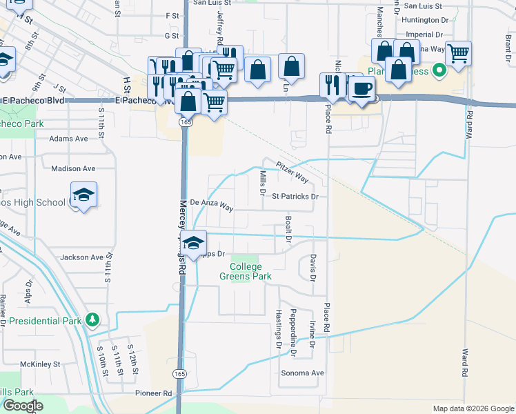 map of restaurants, bars, coffee shops, grocery stores, and more near 1791 Mills Drive in Los Banos