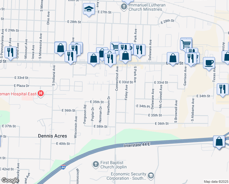 map of restaurants, bars, coffee shops, grocery stores, and more near 3322 Connecticut Avenue in Joplin