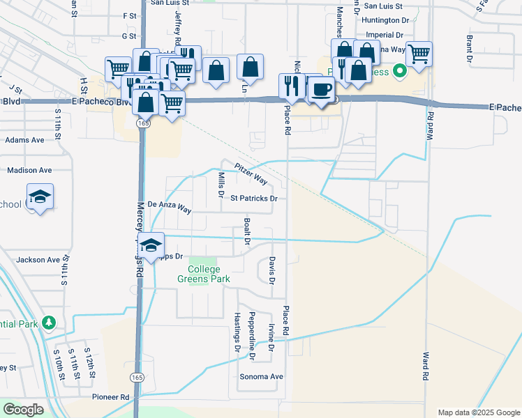 map of restaurants, bars, coffee shops, grocery stores, and more near 1864 De Anza Way in Los Banos