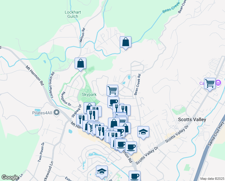 map of restaurants, bars, coffee shops, grocery stores, and more near 552 Bean Creek Road in Scotts Valley