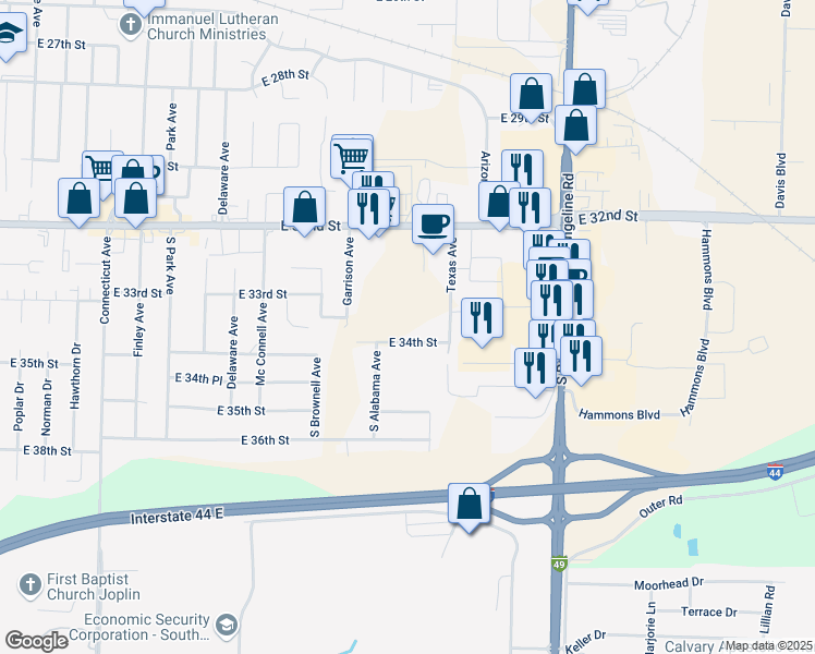 map of restaurants, bars, coffee shops, grocery stores, and more near 2639 East 34th Street in Joplin