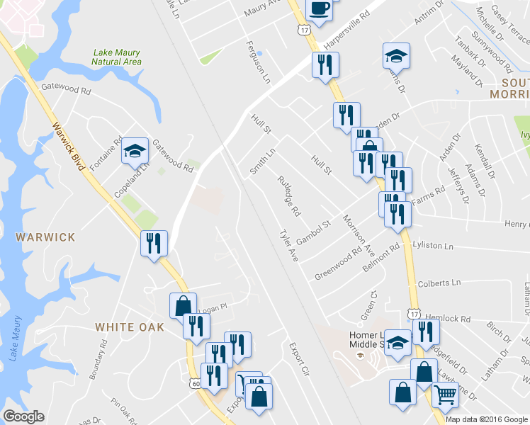 map of restaurants, bars, coffee shops, grocery stores, and more near 1219 Tyler Avenue in Newport News