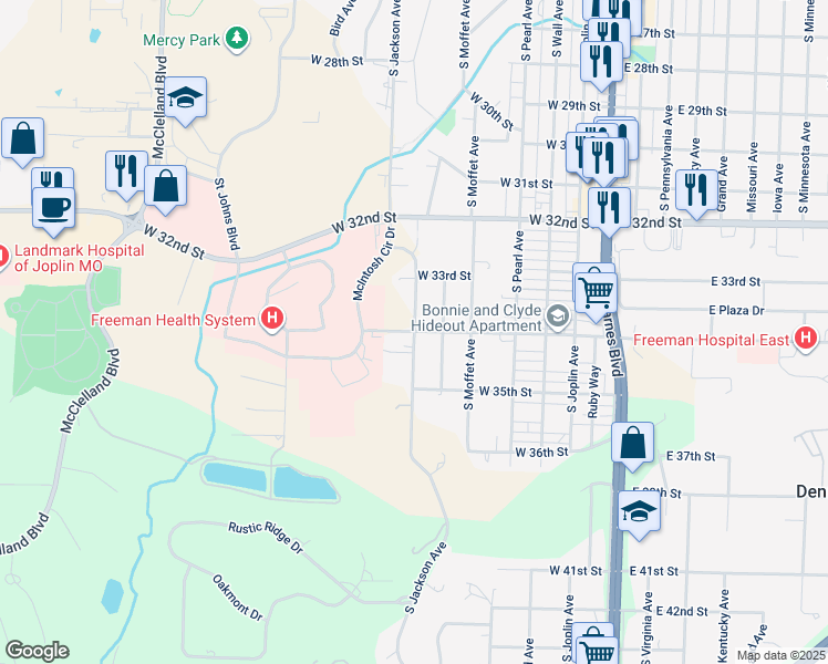 map of restaurants, bars, coffee shops, grocery stores, and more near 3400 South Jackson Avenue in Joplin