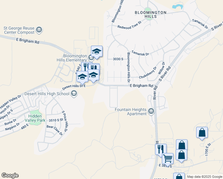 map of restaurants, bars, coffee shops, grocery stores, and more near 1050 East Brigham Road in St. George