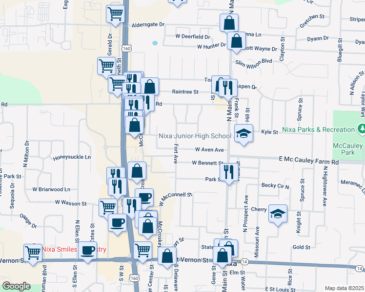 map of restaurants, bars, coffee shops, grocery stores, and more near 211 West Aven Avenue in Nixa