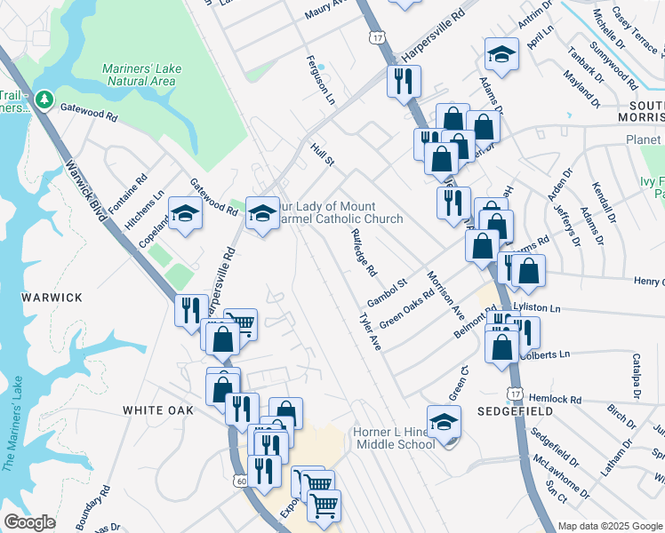 map of restaurants, bars, coffee shops, grocery stores, and more near 1219 Tyler Avenue in Newport News