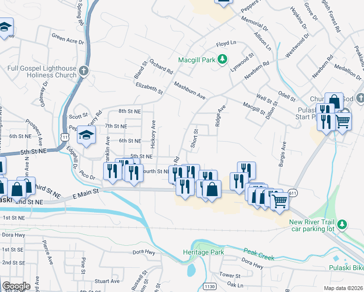 map of restaurants, bars, coffee shops, grocery stores, and more near 932 Craig St in Pulaski