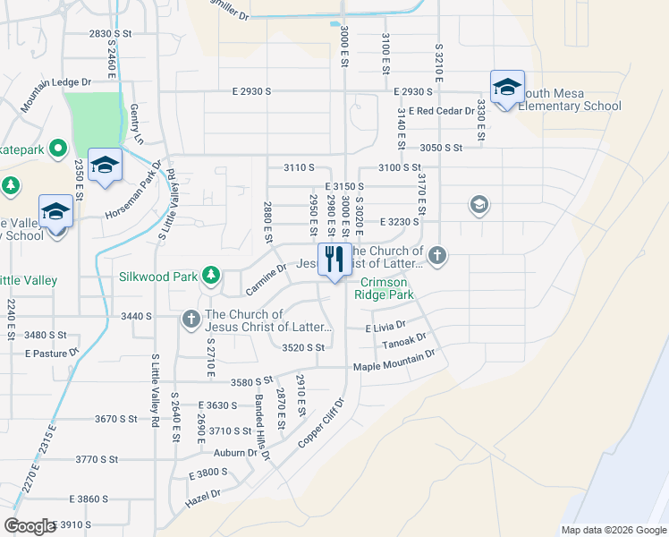 map of restaurants, bars, coffee shops, grocery stores, and more near 2982 Carmine Drive in St. George