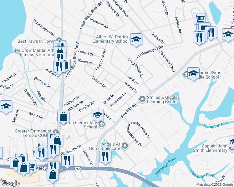 map of restaurants, bars, coffee shops, grocery stores, and more near 417 Cedar Drive in Hampton