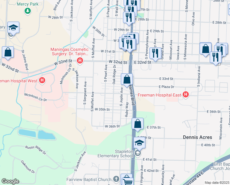 map of restaurants, bars, coffee shops, grocery stores, and more near 3347 Oak Ridge Drive in Joplin