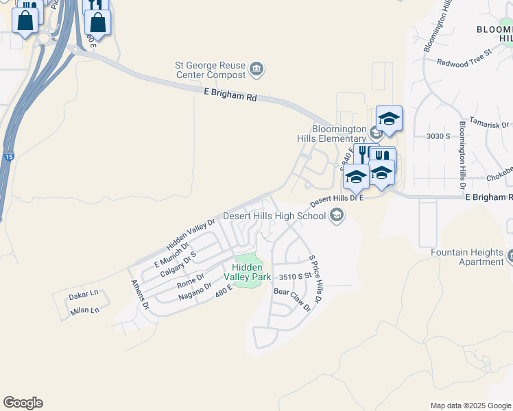 map of restaurants, bars, coffee shops, grocery stores, and more near 25 South Barcelona Drive in St. George