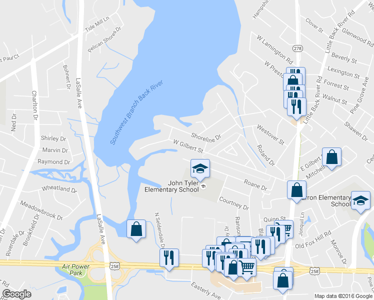 map of restaurants, bars, coffee shops, grocery stores, and more near 3 Seldendale Drive in Hampton