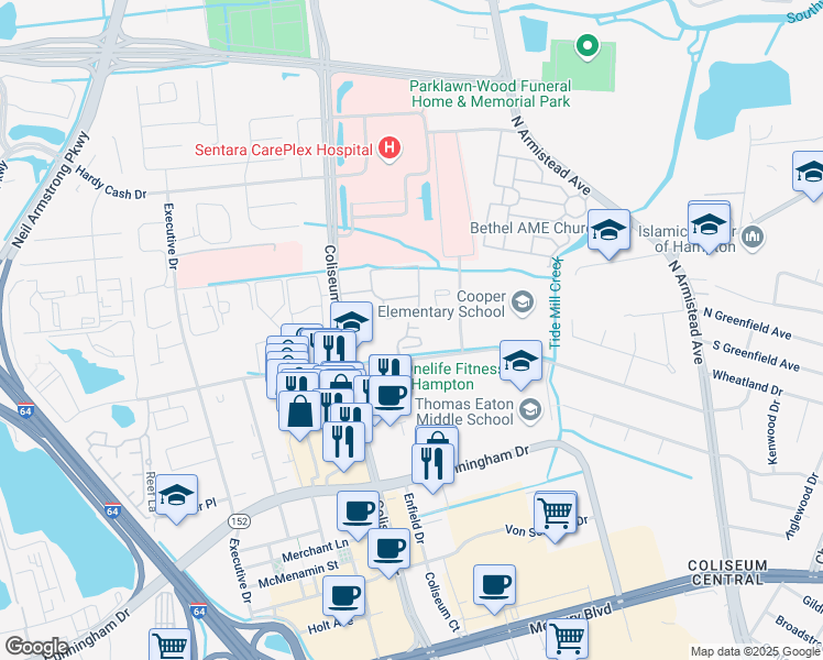 map of restaurants, bars, coffee shops, grocery stores, and more near 24 Barrymore Court in Hampton