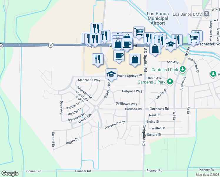 map of restaurants, bars, coffee shops, grocery stores, and more near 1602 Woodbrush Avenue in Los Banos