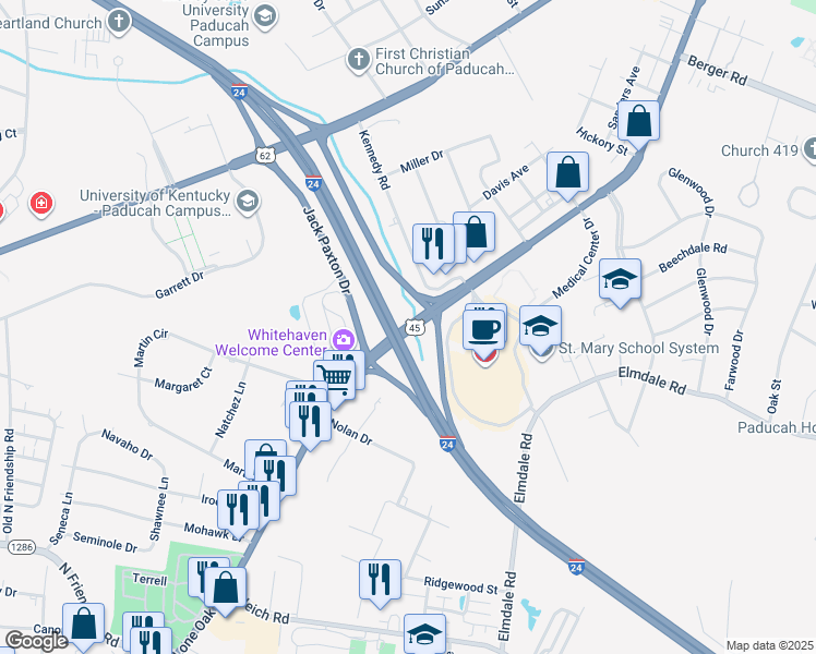 map of restaurants, bars, coffee shops, grocery stores, and more near Lone Oak Road in Paducah