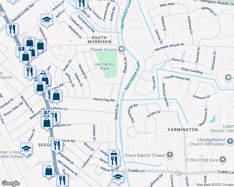 map of restaurants, bars, coffee shops, grocery stores, and more near 551 Beech Drive in Newport News