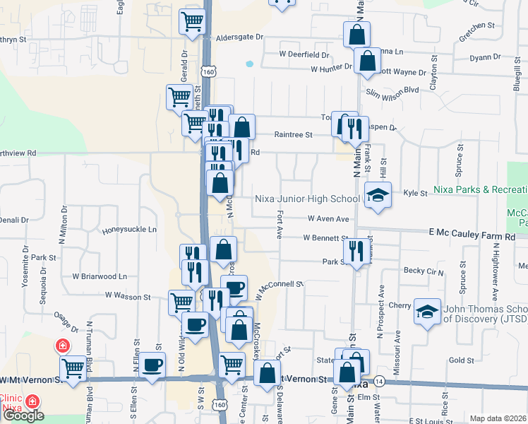 map of restaurants, bars, coffee shops, grocery stores, and more near 305 West Aven Avenue in Nixa