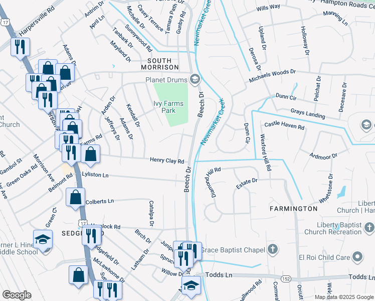 map of restaurants, bars, coffee shops, grocery stores, and more near 551 Beech Drive in Newport News