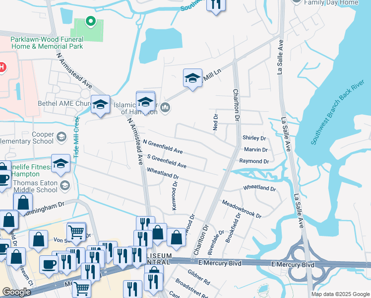 map of restaurants, bars, coffee shops, grocery stores, and more near 29 North Greenfield Avenue in Hampton
