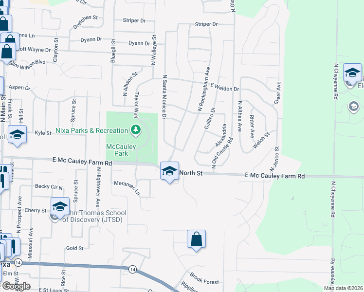 map of restaurants, bars, coffee shops, grocery stores, and more near Twin Maple Ct in Nixa