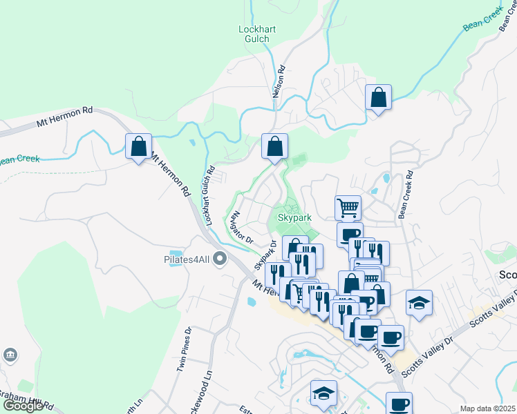 map of restaurants, bars, coffee shops, grocery stores, and more near 429 Airstream Court in Scotts Valley
