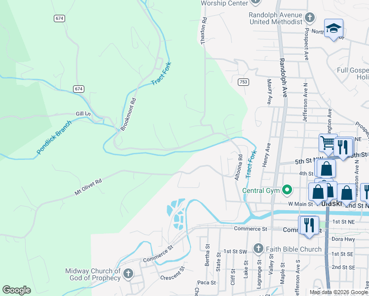 map of restaurants, bars, coffee shops, grocery stores, and more near 4057 Brookmont Road in Pulaski