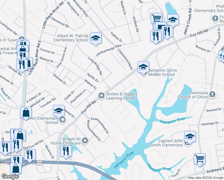 map of restaurants, bars, coffee shops, grocery stores, and more near in Hampton