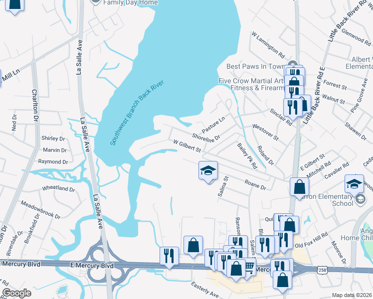 map of restaurants, bars, coffee shops, grocery stores, and more near 3 Seldendale Drive in Hampton