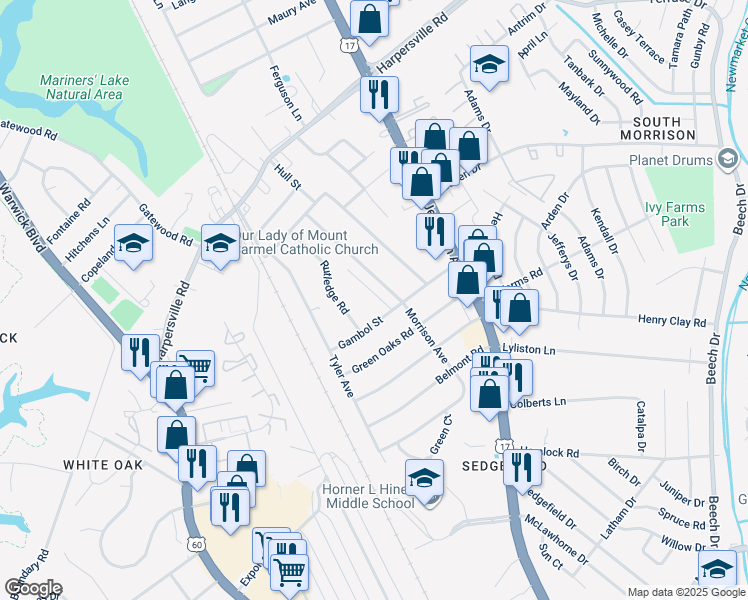 map of restaurants, bars, coffee shops, grocery stores, and more near 105 Pescara Lane in Newport News