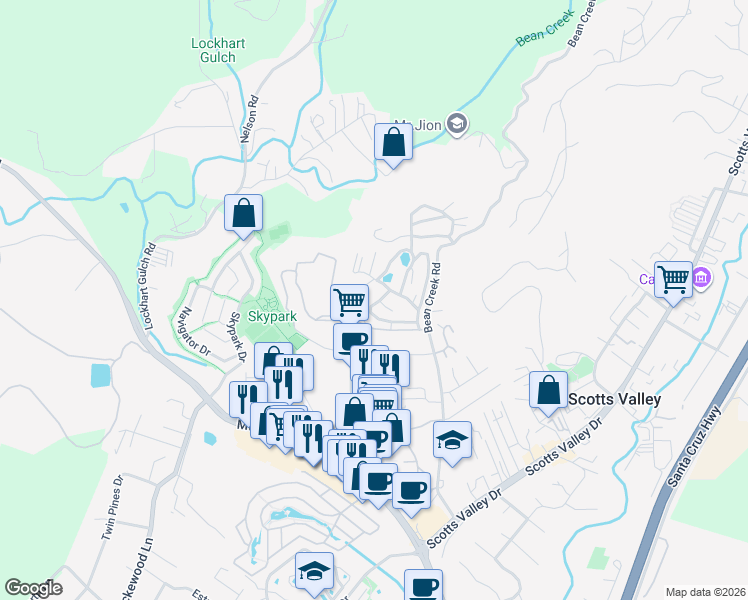map of restaurants, bars, coffee shops, grocery stores, and more near 552 Bean Creek Road in Scotts Valley