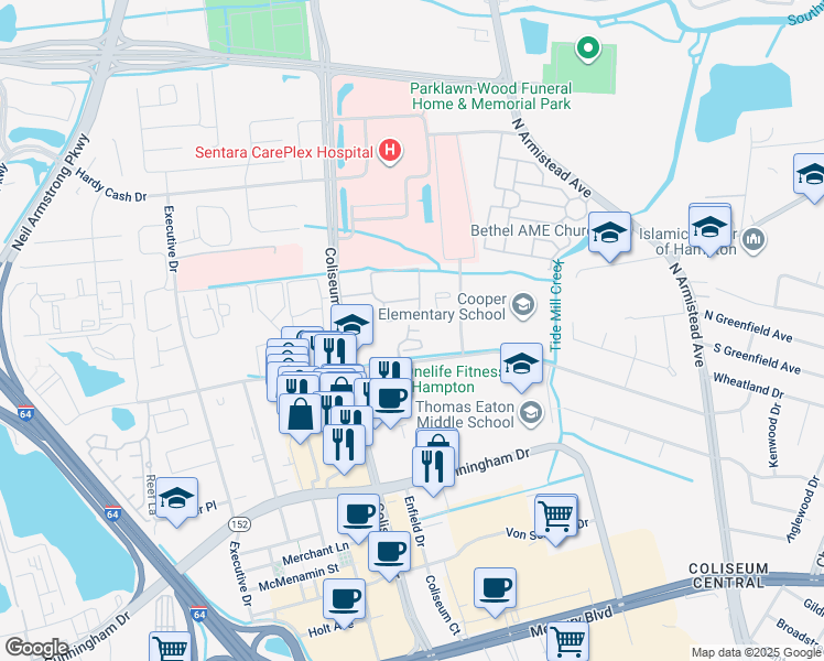 map of restaurants, bars, coffee shops, grocery stores, and more near 24 Barrymore Court in Hampton